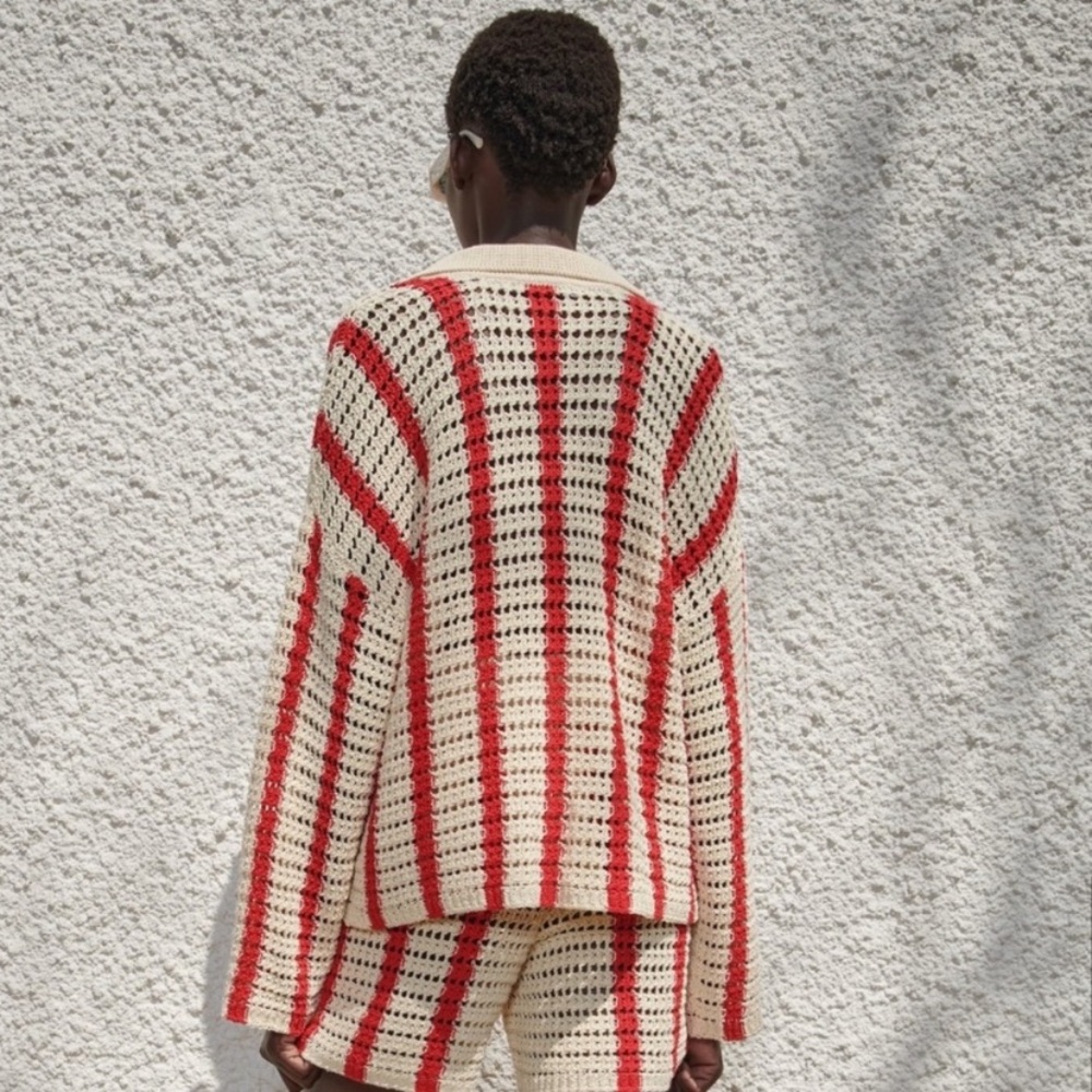 Zara Crochet Cardigan, buttons, beige/ red, striped, NWOT, M - Picture 3 of 6